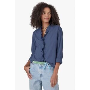 Xirena Kayde Shirt Crown Blue XL Ruffle Neck Cotton Boho Popover Blouse